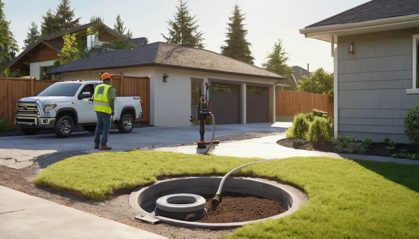 Vacuum truck parked beside a lawn while a provider checks a septic tank access lid at a home in West Elkton